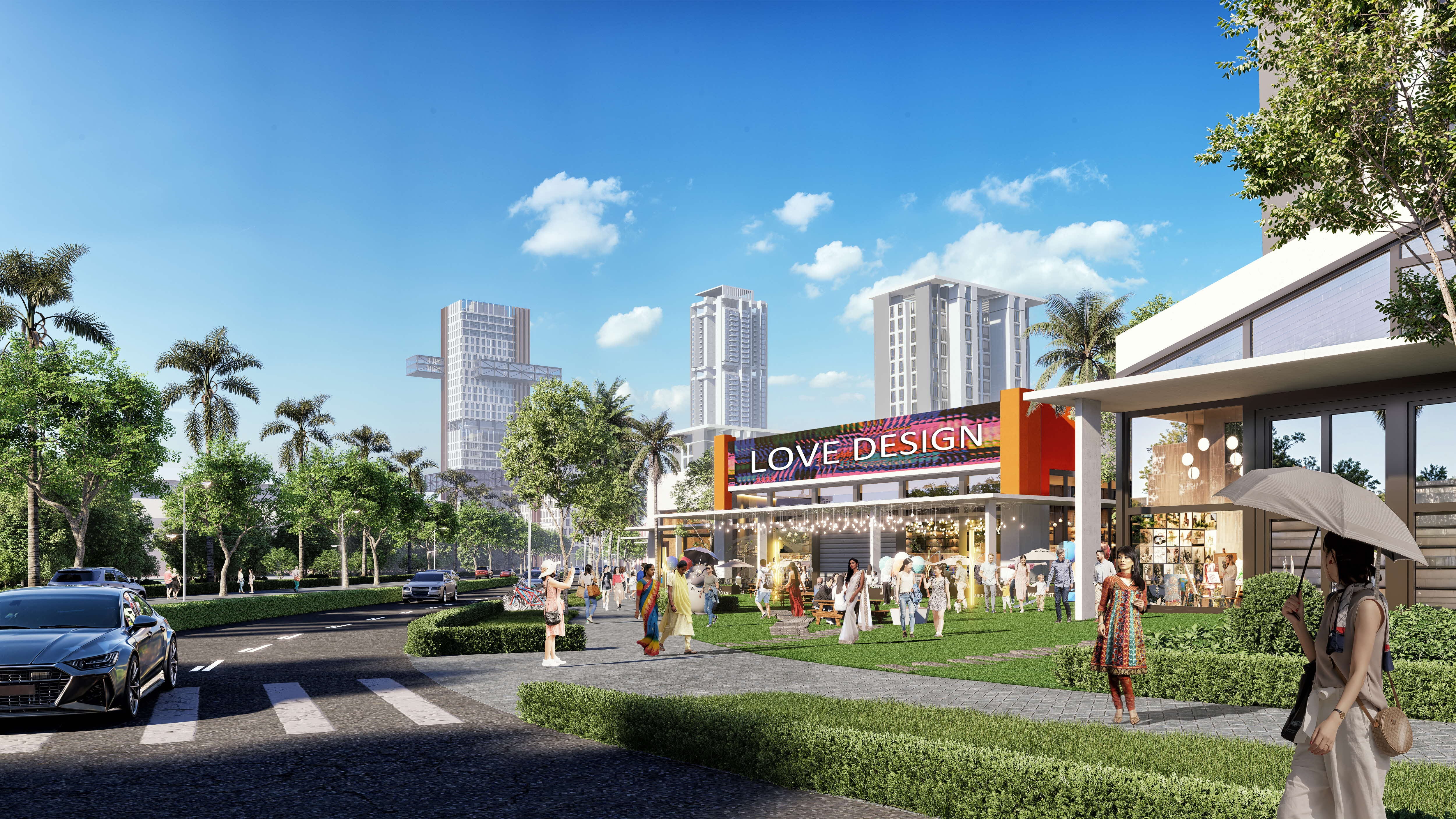 Rendering of a shopping center with "Love Design" sign, featuring pedestrians, storefronts, palm trees, and skyscrapers under a blue sky.